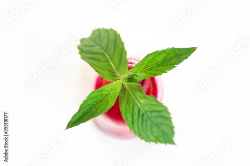 mint oil in a pink bottle and green leaves of natural mint