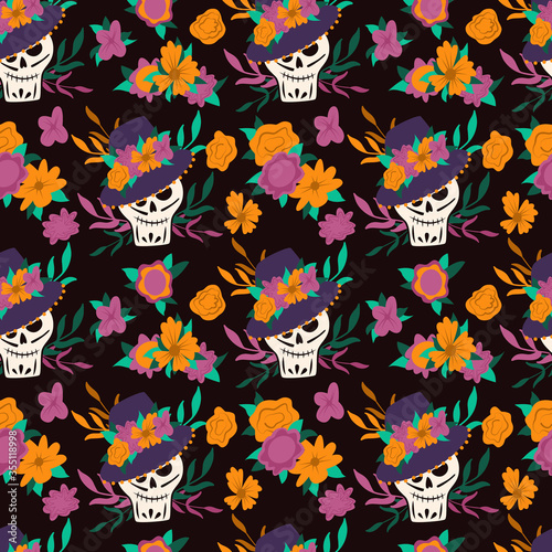 Dia de Los Muertos, traditional Mexican Halloween vector flat cartoon seamless pattern with floral decoration.