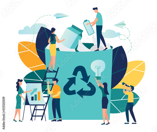Vector creative illustration of business graphics, the employee is engaged in recycling garbage, career growth to success, flat color icons, business analysis, environmental protection