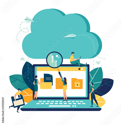 Vector flat illustration, cloud storage, tracking downloads to the cloud, data transfer folders with documents, data storage