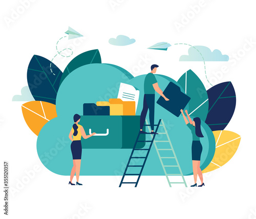 Vector flat illustration, cloud storage, data processing, message sending, illustration for web design marketing and printed materials