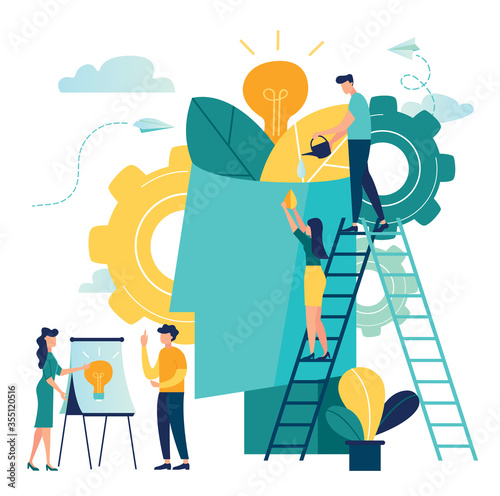 vector illustration. people grow ideas, a metaphor for the birth of a creative idea. analysis of business concept. graphic design of project activities