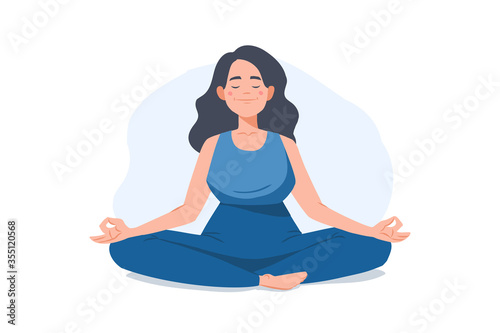 Young woman meditating. Relax concept vector illustration. Girl sitting in padmasana pose isolated on white. Flat cartoon character.