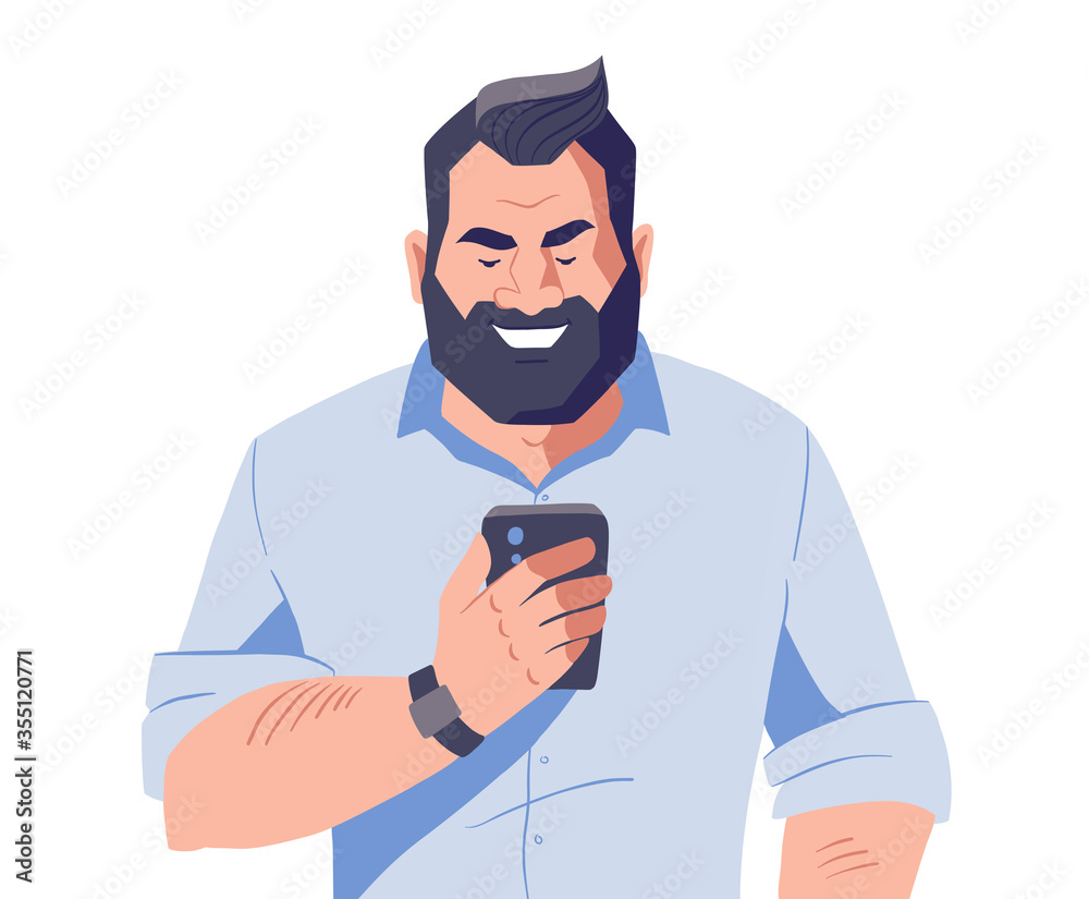 Middle aged man with beard holding smartphone. Male character with mobile phone in hands. Online communication concept. Vector illustration.