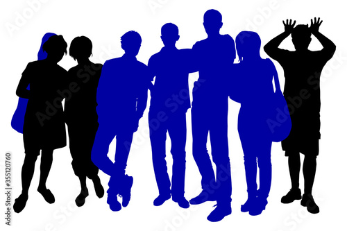 Silhouettes of a group of people friends of men and women isolated on a white background, girl with bag, tourists, team, visitors, hands raised palms at the top, together, standing full length, young.