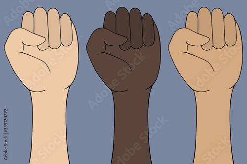 Fist raised to the top. Sign of protest. Stop racism. The struggle for rights and justice. Vector illustration. Hand on an isolated background. Cartoon style. Idea for web design, poster, banner.
