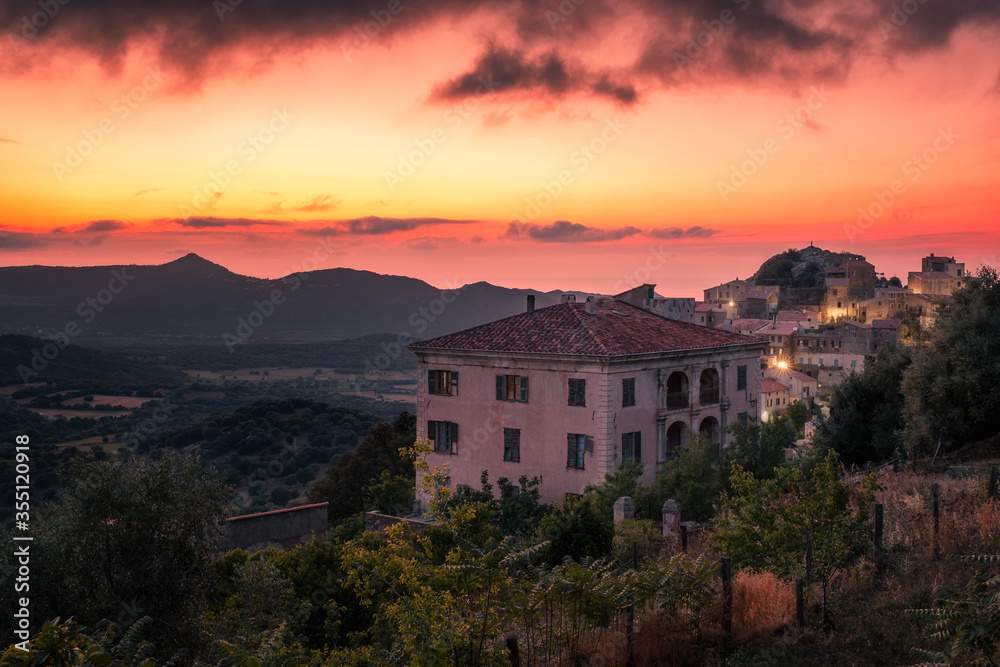 Sunset over the village of Belgodere in Corsica