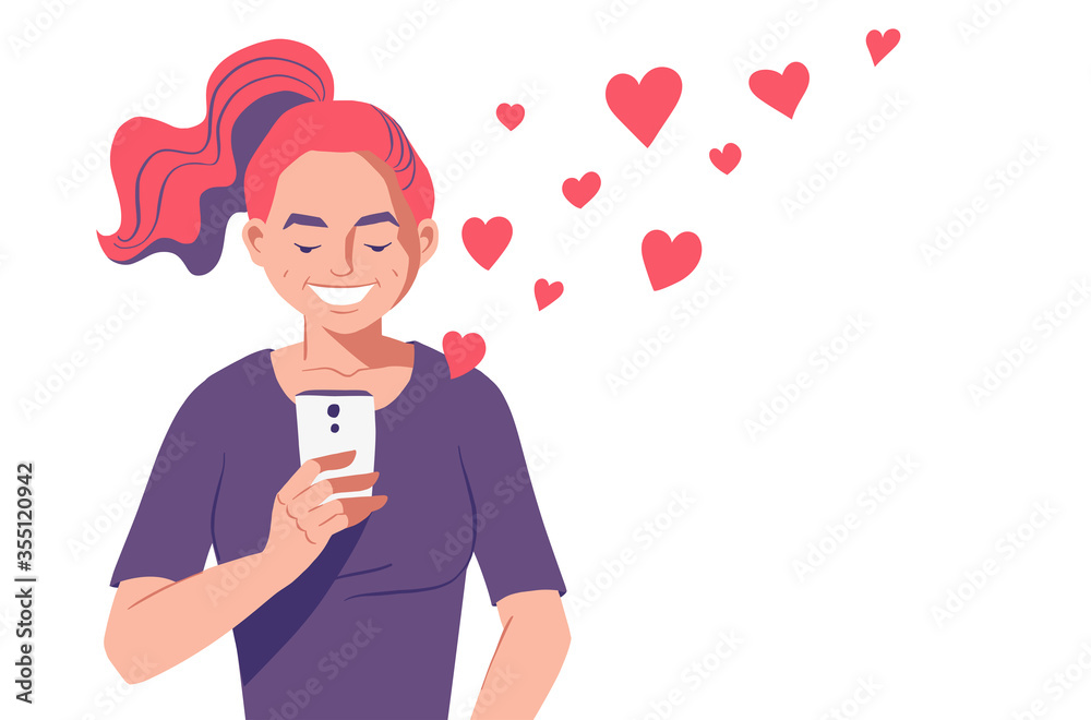 Young woman with smartphone. Red hearts symbols flying out of mobile phone. Sending messages, love online concept. Getting likes in social media. Vector character illustration. Young woman with smartphone. Red hearts symbols flying out of mobile phone. Sending messages, love online concept. Getting likes in social media. Vector character illustration.