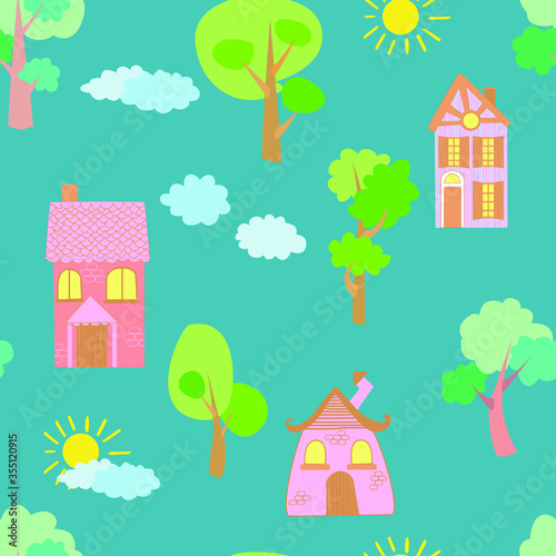 Seamless vector pattern of children s drawing. House  clouds  trees. Line vector drawing. Drawn by a child. Suitable for children s room decoration  fabric  decor. Doodle style.