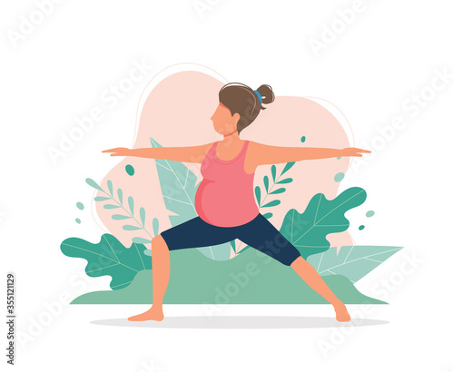 Pregnant woman doing prenatal yoga. Pregnancy health concept. Cute illustration in flat style