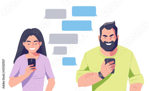 Man and woman with smartphones. Speech bubble for text message. Chatting online concept. Online dating. Vector characters illustration.