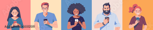 Diverse group of people with smartphones. Men and women holding mobile phone in hands. Online communication concept banner. Vector character illustration.
