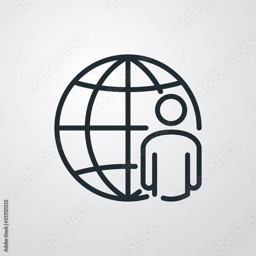 Icono plano lineal globo terráqueo con hombre en fondo gris