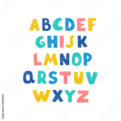 Vector cute colorful alphabet for kids. Can be used as elemets for your design for greeting cards, nursery, poster, card, birthday party, packaging paper design, baby t-shirts prints