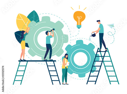 Flat vector illustration, teamwork on finding new ideas, little people launch a mechanism, search for new solutions, creative work photo