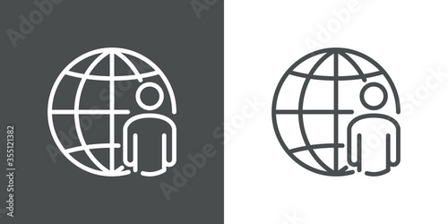 Icono plano lineal globo terráqueo con hombre en fondo gris y fondo blanco
