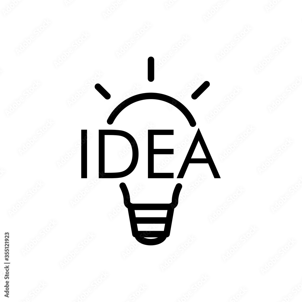 Icono plano lineal palabra IDEA en bombilla con rayos de luz en color negro Icono plano lineal palabra IDEA en bombilla con rayos de luz en color negro