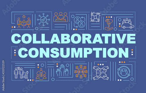 Collaborative consumption word concepts banner. Sharing economy business model infographics with linear icons on dark blue background. Isolated typography. Vector outline RGB color illustration