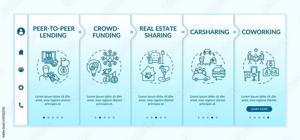 Sharing economy onboarding vector template. Carsharing, crowdfunding and real estate sharing services. Responsive mobile website with icons. Webpage walkthrough step screens. RGB color concept