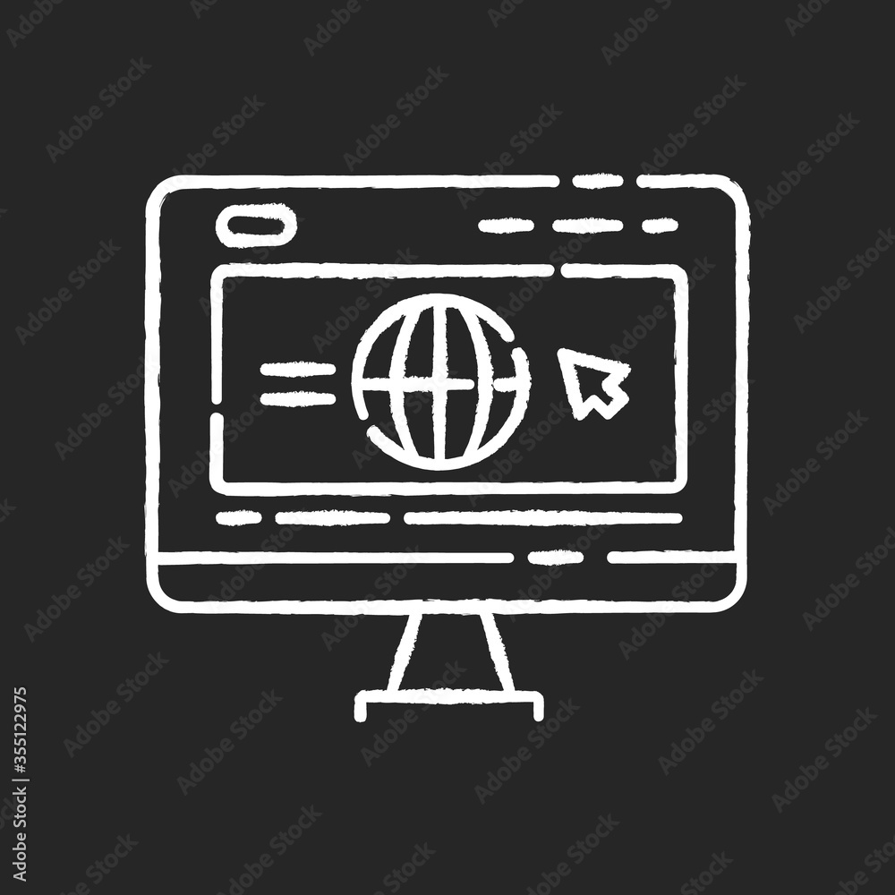 Corporate website chalk white icon on black background. Browse company webpage. Social media strategy. Bloggin and seo. Site optimization and promotion service. Isolated vector chalkboard illustration Corporate website chalk white icon on black background. Browse company webpage. Social media strategy. Bloggin and seo. Site optimization and promotion service. Isolated vector chalkboard illustration