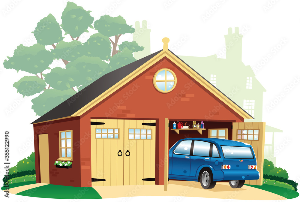 Double garage and automobile Double garage and automobile