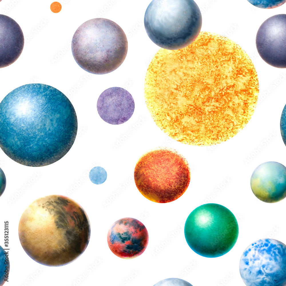 Seamless pattern of drawn planets. Cosmic pattern. Illustration of volumetric circles. Art of the planet.