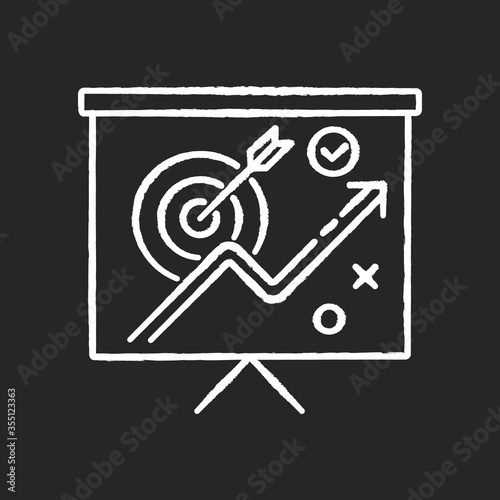 Marketing strategy chalk white icon on black background. Corporate project presentation. Objective for growth. Financial progress report. Project research. Isolated vector chalkboard illustration