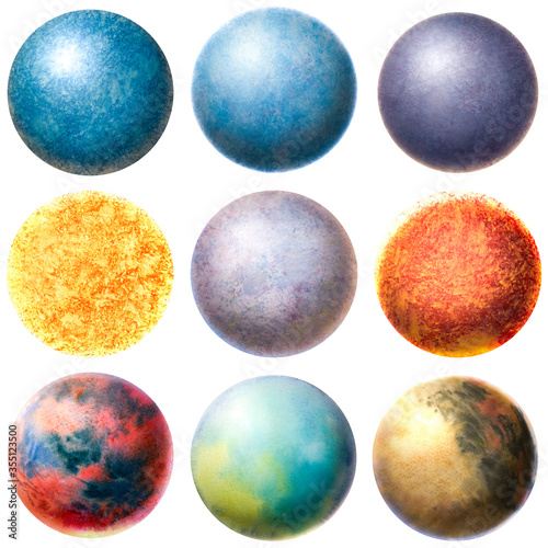Fototapeta Naklejka Na Ścianę i Meble -  Set of watercolor painted planets. The figure of volumetric planets. Beautiful texture in the form of balls. volume circle.