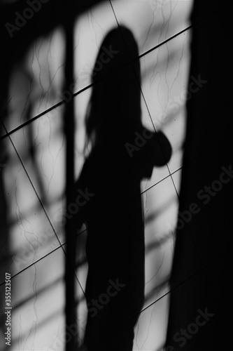 the shadow of the little girl on the window trellis with the impression of horror