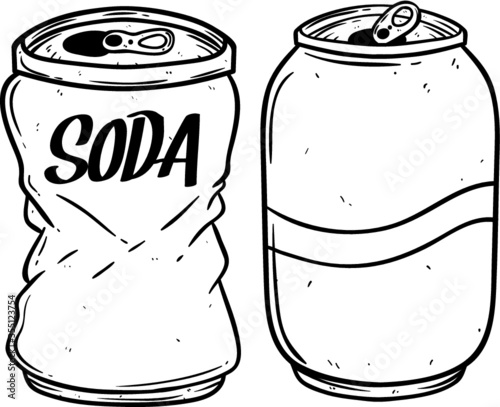 Black and white soda can using hand drawing style on white background