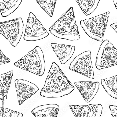 black and white seamless pattern kind of pizza slice using doodle or sketch style