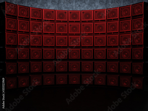 A wall of guitar red light amps against a blue wall. Abstract semicircular wall of guitar amps. 3D Render