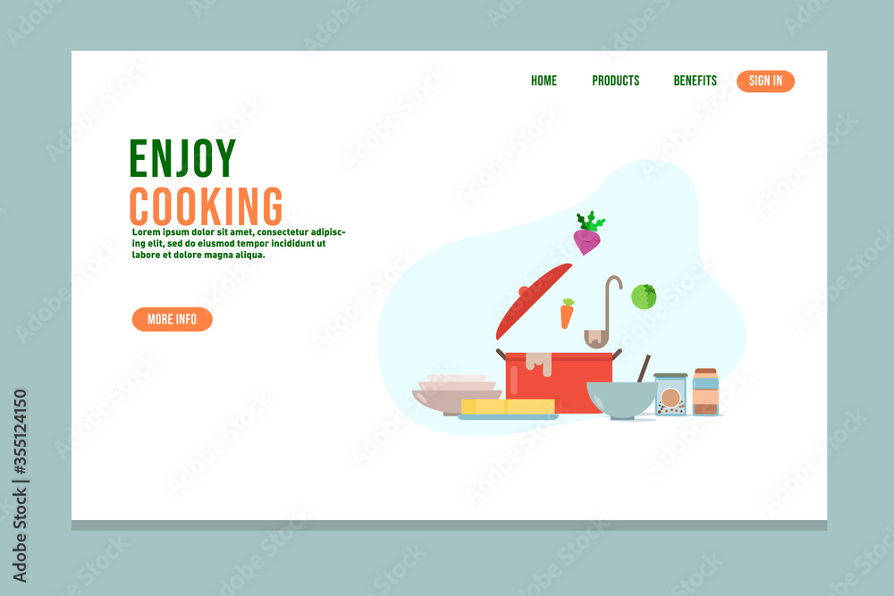 Cooking Website Template with Illustration of Cooks, Ingredients. Cooking Website Template with Illustration of Cooks, Ingredients.