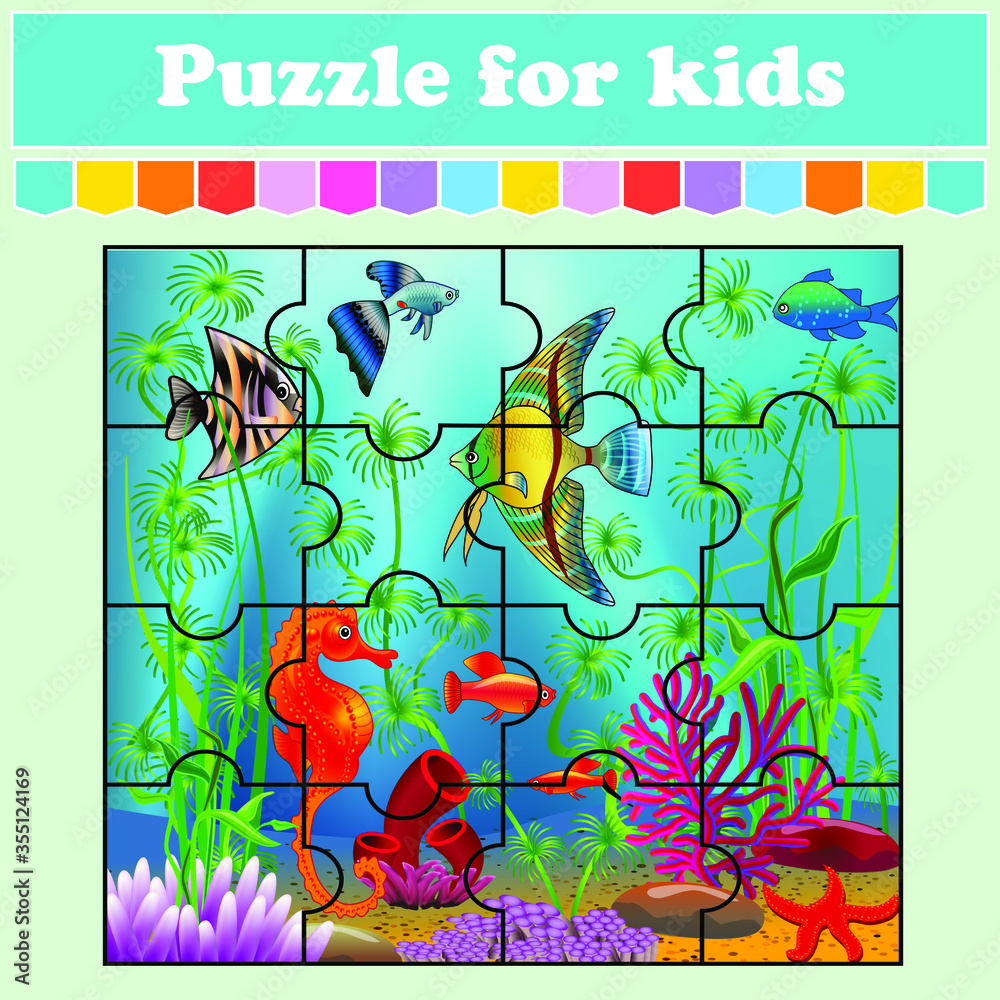 Puzzle game for kids. Fish in the sea. Education worksheet. Color