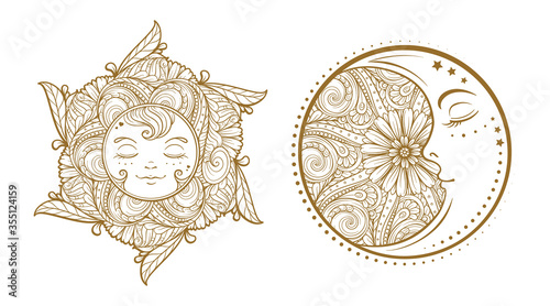 Ethnic sun and moon symbols. Temporary tattoo set.