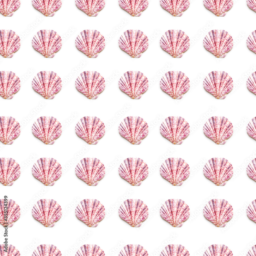 Seamless photo pattern with pink sea shells. Flat lay with purple mollusc shells. Top view on finds from ocean beach. Seamless photo pattern with pink sea shells. Flat lay with purple mollusc shells. Top view on finds from ocean beach.