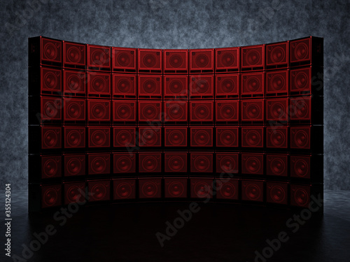 A wall of guitar red light amps against a blue wall. Abstract semicircular wall of guitar amps. 3D Render