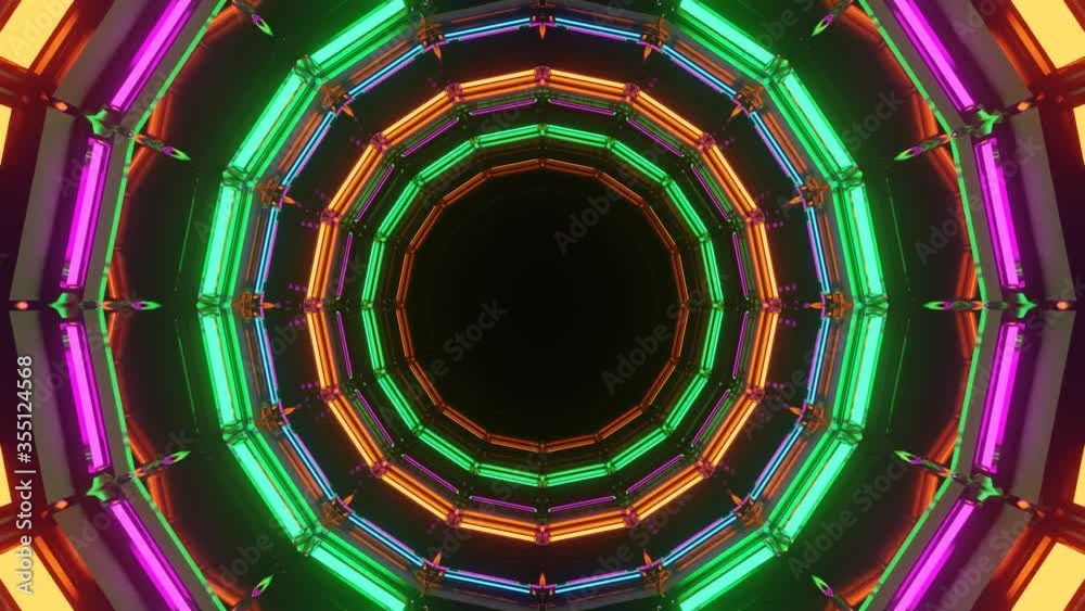 Cyber inspired carnival booth with endless mirror, motion graphic of VJ
