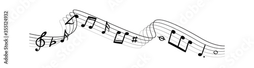 Music notes silhouettes. Musical swirl waves composition with lines vector illustration