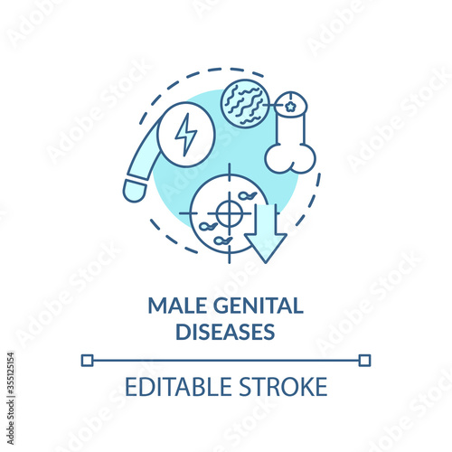 Male genital diseases concept icon. Mens reproductive system illnesses idea thin line illustration. Sexual dysfunction, infertility and STDs. Vector isolated outline RGB color drawing. Editable stroke