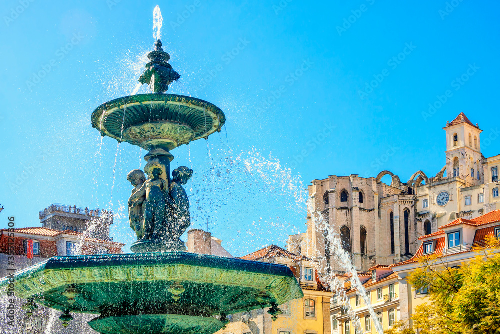 The south fountain in Rossio Square in Lisbon, Portugal. Famous landmarks of Lisbon.