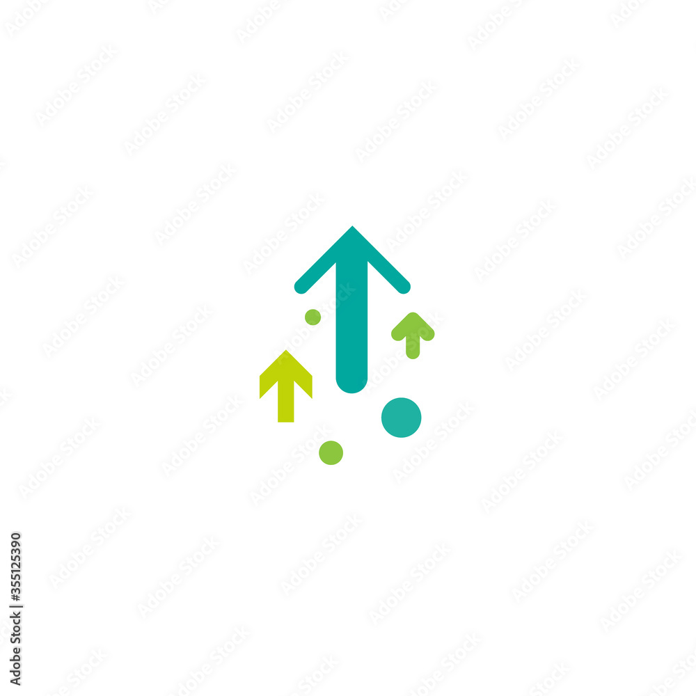 three green arrows up with dots on white background. Launch, upgraid icon. three green arrows up with dots on white background. Launch, upgraid icon.