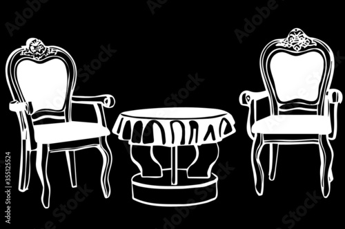 black and white vector sketch two vintage chairs with armrests and a round table