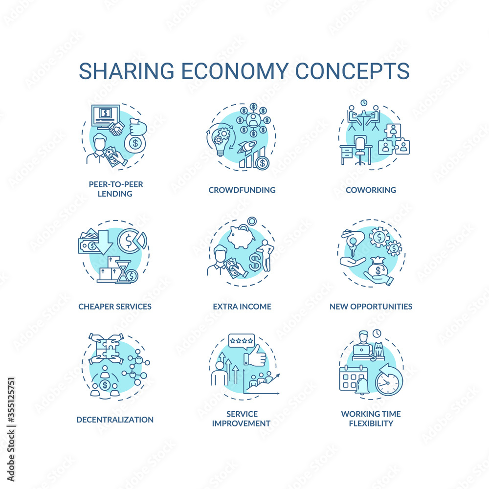 Sharing economy turquoise concept icons set. Service improvement. Collaborative work on business project idea thin line RGB color illustrations. Vector isolated outline drawings. Editable stroke
