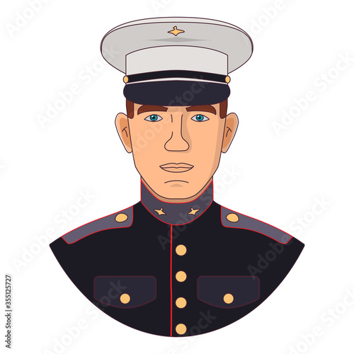 US military in full dress. Marine soldier.Vector flat illustration of a male soldier isolated on a white background.