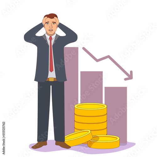 Economic crisis. The collapse of the economy. The fall of the exchange. Golden coins. Vector illustration. Business finance reduction chart. Recession diagram. Sad businessmen or office staff member i