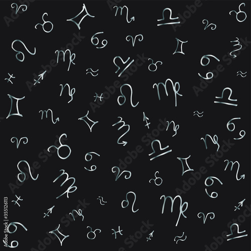 Magic seamless pattern with zodiac signs. Vector symbols are drawn by hand. On a black background-silver astrological sign. Illustration in Doodle Style.