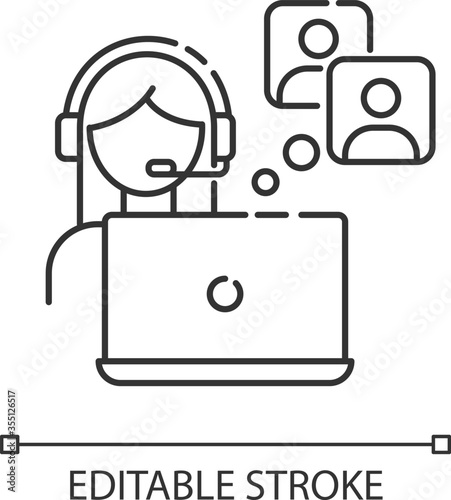 Publicist pixel perfect linear icon. Human resources in company. HR worker. Corporate hot line. Thin line customizable illustration. Contour symbol. Vector isolated outline drawing. Editable stroke