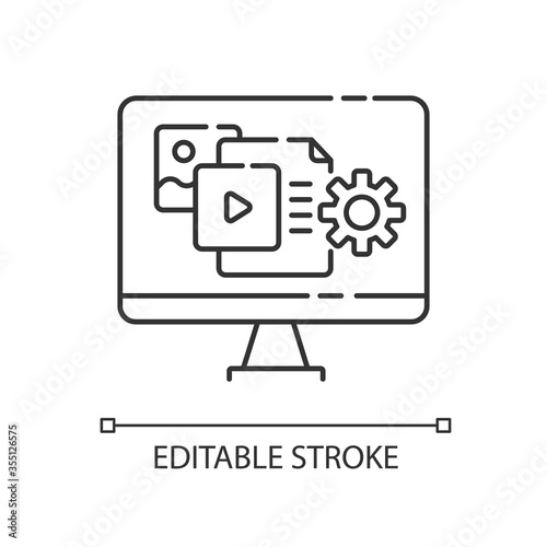 Content manager pixel perfect linear icon. PR strategy. Webpage optimization and update. Thin line customizable illustration. Contour symbol. Vector isolated outline drawing. Editable stroke
