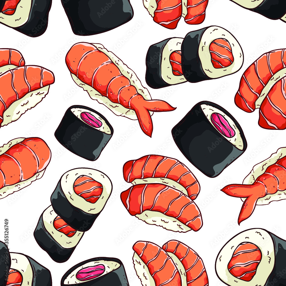 delicious japanese seafood in seamless pattern with futo maki or sushi roll, sake nigiri and ebi nigiri